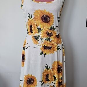 Sunflower Print Midi Dress - White/Yellow